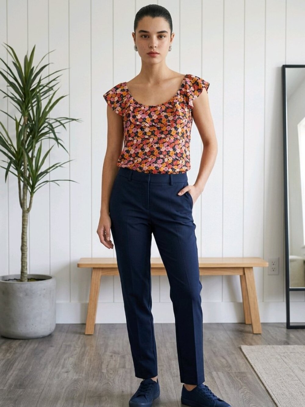 LOFT Flora Multi-Colored Ruffle Neckline Floral Sleeveless Blouse‎ in Size M